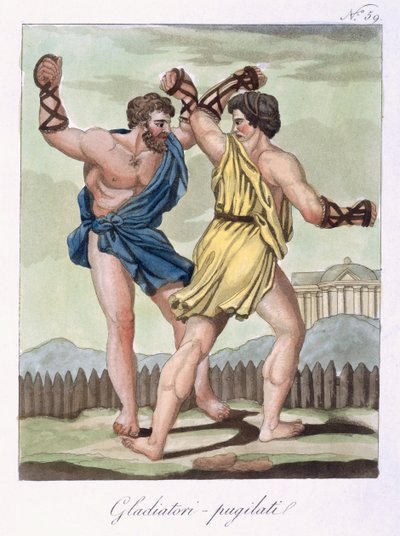 来自Labrousse雕刻的&39;Antique Rome&39;的Gladiators，于1796年出版（彩色aquatint） 作者 雅克·格拉塞德·圣索维尔
